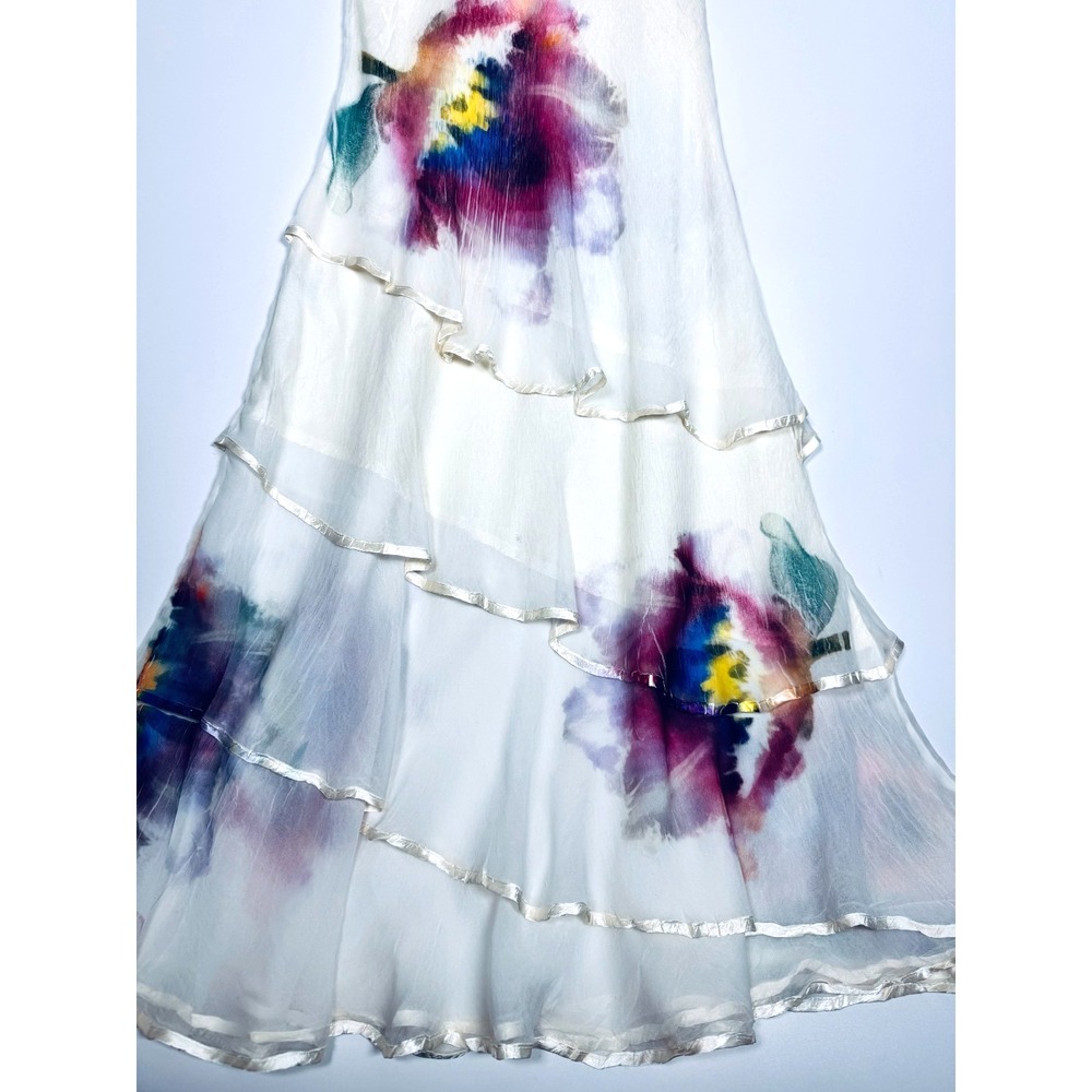 Komarov Dress Small Ivory Watercolor Floral Tiered Ruffle Midi Crinkle USA Made - Picture 6 of 16